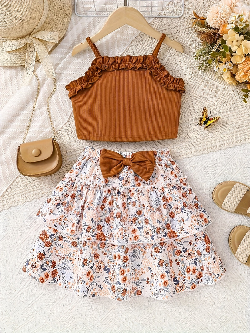 Conjunto Infantil Feminino de Verão – Blusa Regata de Tricô Estilosa e Saia Estampada de Borboleta