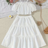 Conjunto Infantil Feminino de Verão – Top Cropped com Babado e Mangas Balão + Saia em Camadas...