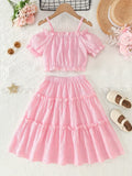 Conjunto Infantil Feminino de Verão – Top Cropped com Babado e Mangas Balão + Saia em Camadas...