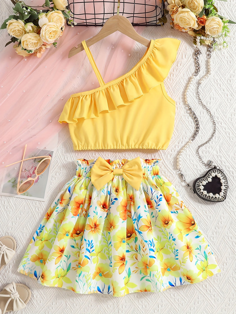 Conjunto Infantil Feminino de 2 Peças – Vestido Elegante Sem Mangas com Barra Babada e Estampa Floral