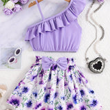 Conjunto Infantil Feminino de 2 Peças – Vestido Elegante Sem Mangas com Barra Babada e Estampa Floral