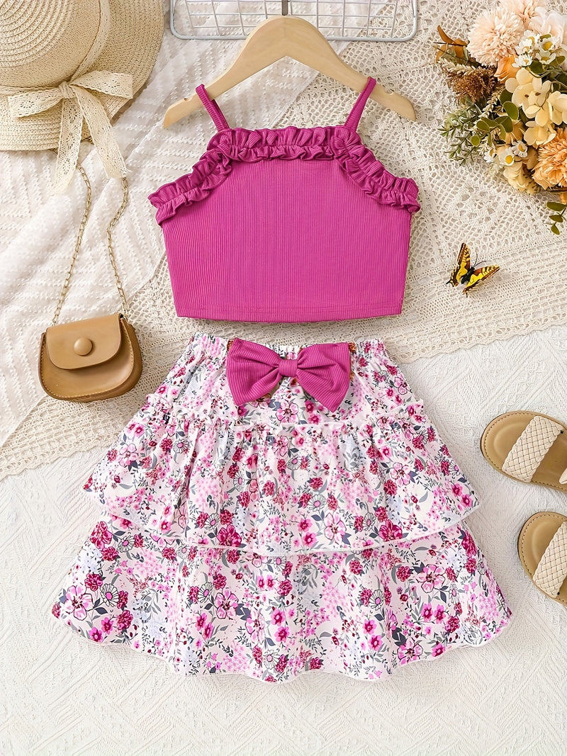 Conjunto Infantil Feminino de Verão – Blusa Regata de Tricô Estilosa e Saia Estampada de Borboleta
