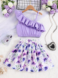 Conjunto Infantil Feminino de 2 Peças – Vestido Elegante Sem Mangas com Barra Babada e Estampa Floral