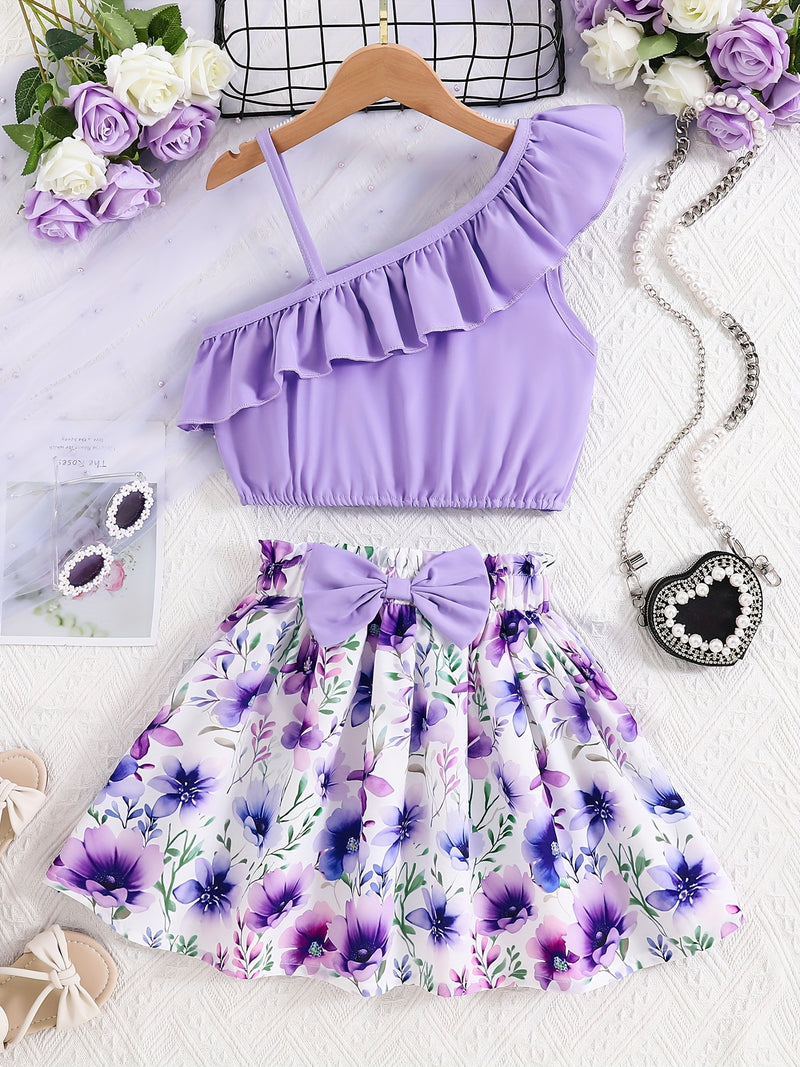Conjunto Infantil Feminino de 2 Peças – Vestido Elegante Sem Mangas com Barra Babada e Estampa Floral