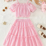 Conjunto Infantil Feminino de Verão – Top Cropped com Babado e Mangas Balão + Saia em Camadas...