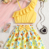 Conjunto Infantil Feminino de 2 Peças – Vestido Elegante Sem Mangas com Barra Babada e Estampa Floral