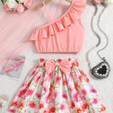 Conjunto Infantil Feminino de 2 Peças – Vestido Elegante Sem Mangas com Barra Babada e Estampa Floral