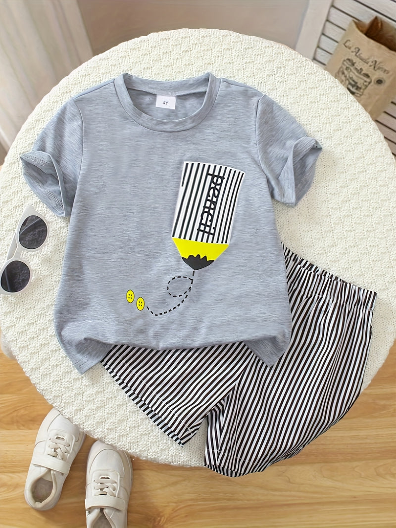 Conjunto Infantil Masculino 2 Peças: Camiseta Estampada + Shorts Listrados
