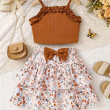 Conjunto Infantil Feminino de Verão – Blusa Regata de Tricô Estilosa e Saia Estampada de Borboleta