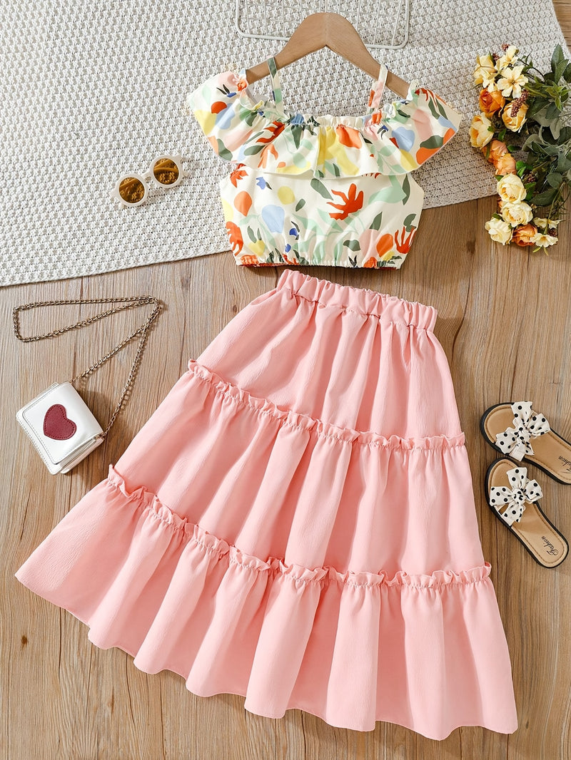 Conjunto Elegante de Verão para Meninas – Blusa com Alças + Saia Longa