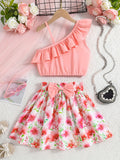 Conjunto Infantil Feminino de 2 Peças – Vestido Elegante Sem Mangas com Barra Babada e Estampa Floral
