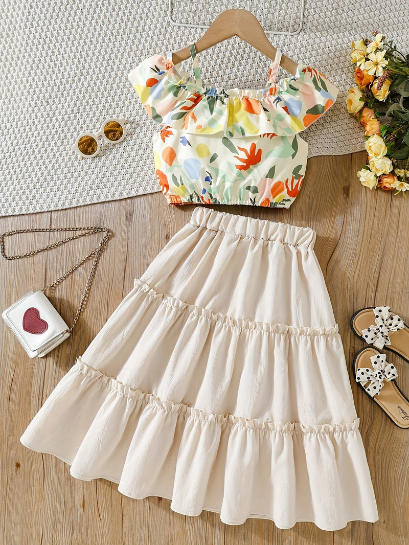 Conjunto Elegante de Verão para Meninas – Blusa com Alças + Saia Longa