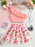 Conjunto Infantil Feminino de 2 Peças – Vestido Elegante Sem Mangas com Barra Babada e Estampa Floral