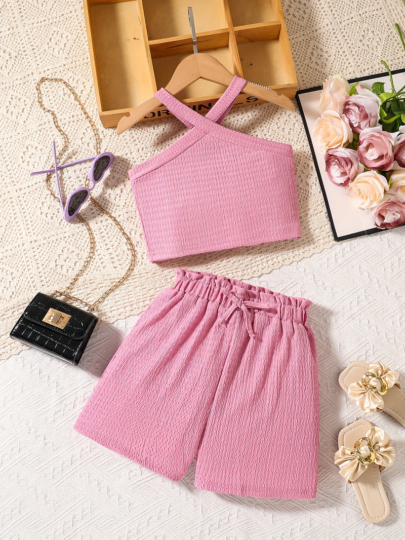 Conjunto Casual de Verão para Meninas – Blusa Cropped Sem Mangas + Shorts com Laço